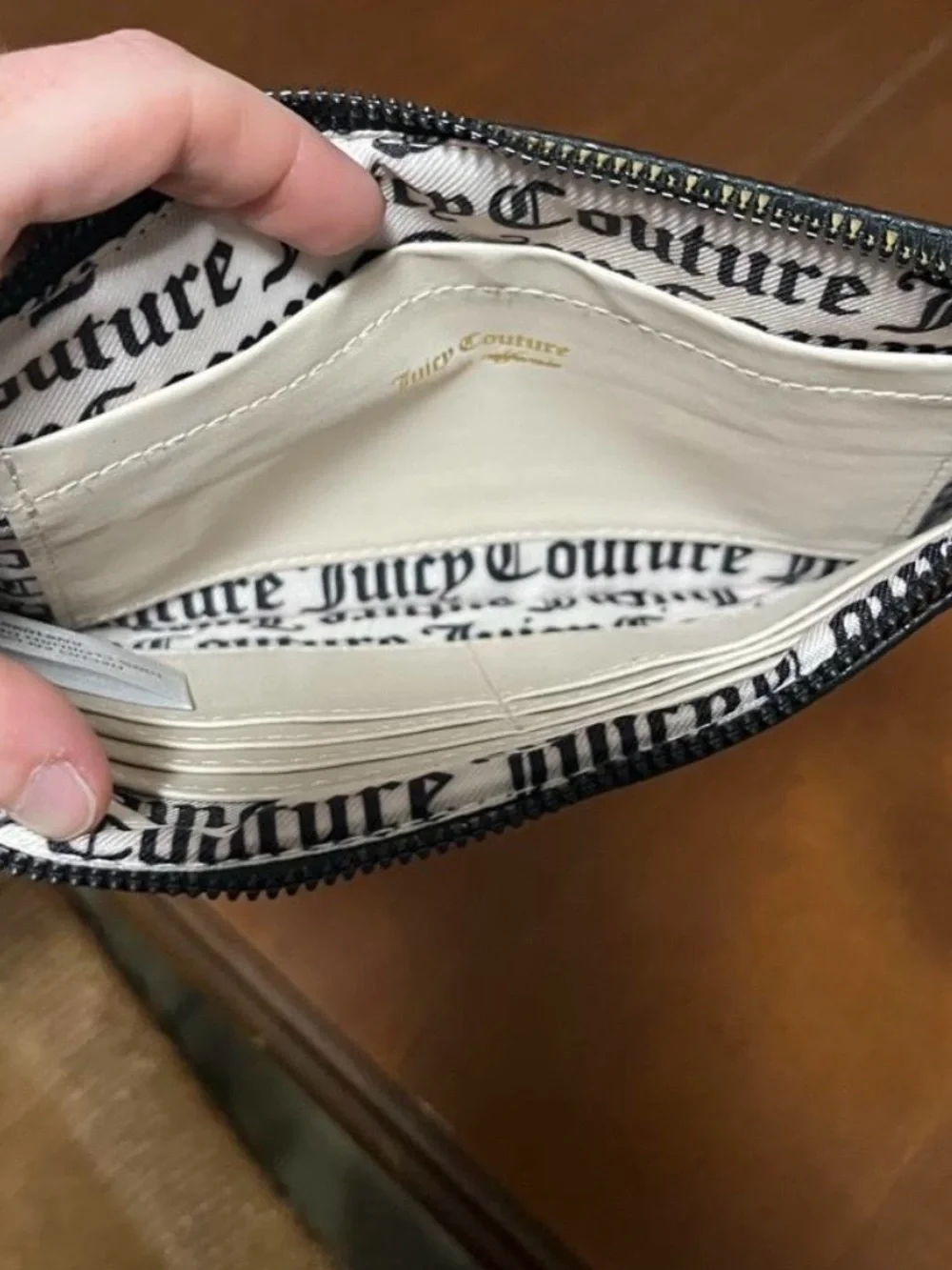 Juicy Couture Black Pebbled Leather Wristlet Pouch with Gold Logo